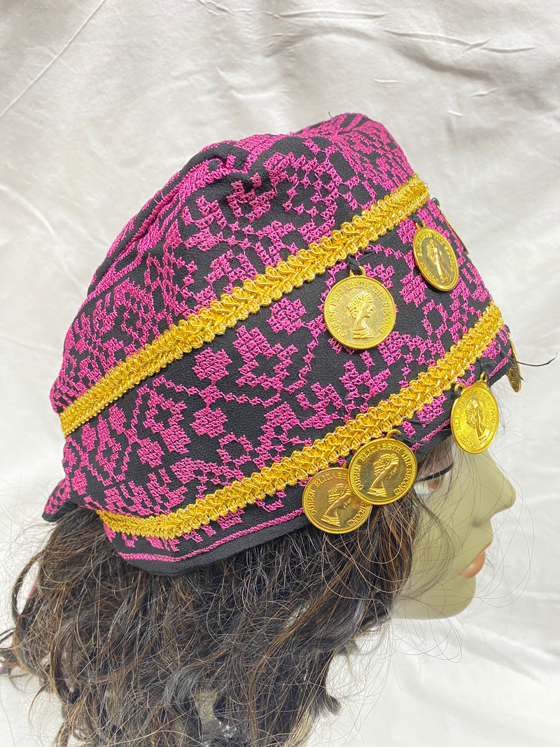 Palestinian embroidered purple & black head scarf with gold plated coins