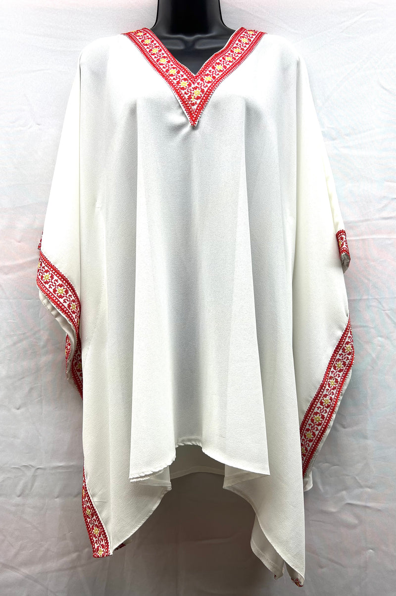 embroidered chiffon machine made poncho white with red & yellow stitching one size fits all