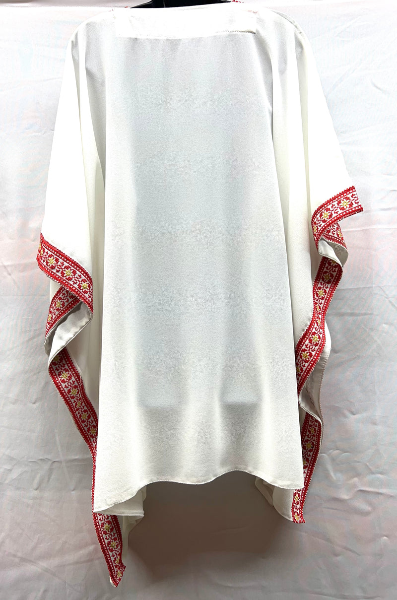 embroidered chiffon machine made poncho white with red & yellow stitching one size fits all