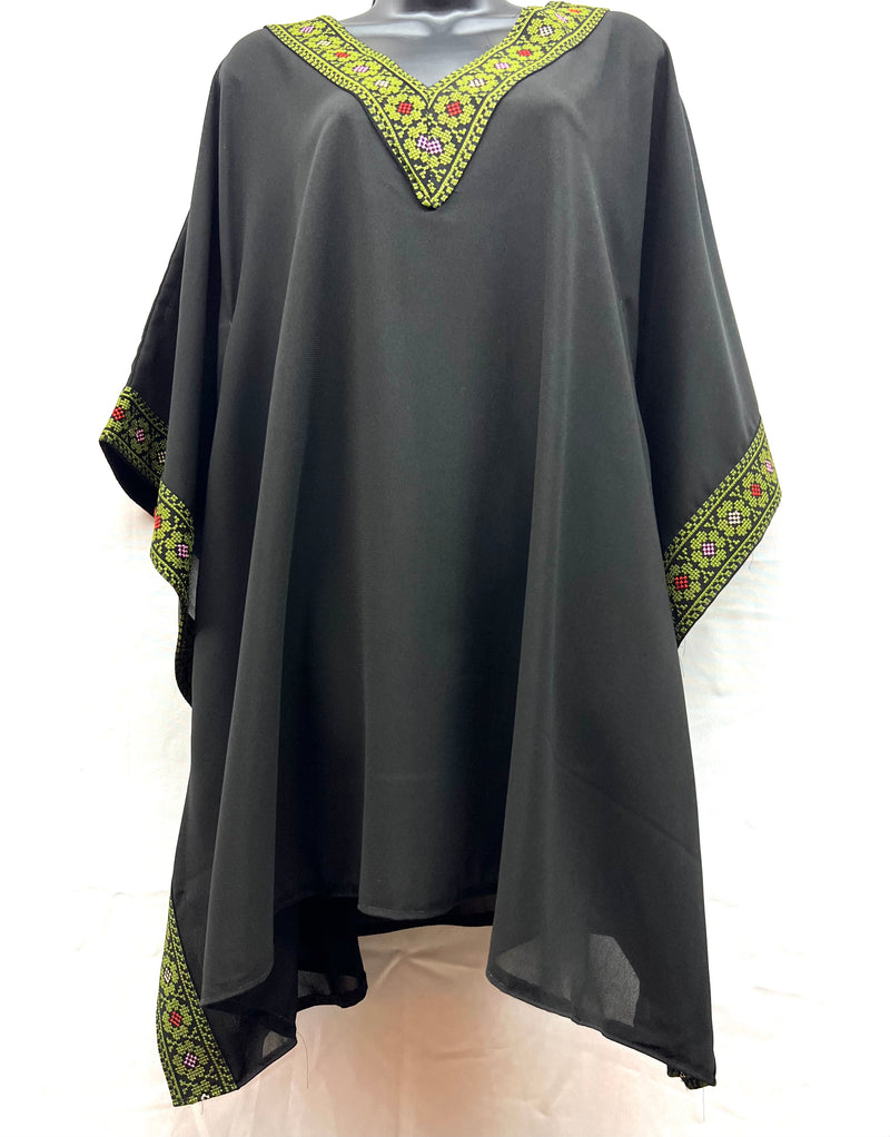 embroidered chiffon machine made poncho black with green stitching one size fits all