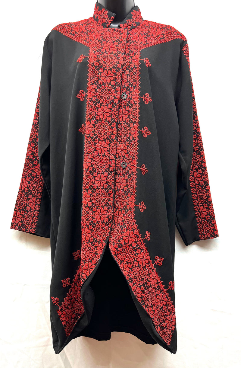 embroidered jacket fabric machine made black with red stitching with rhinestones size[2]