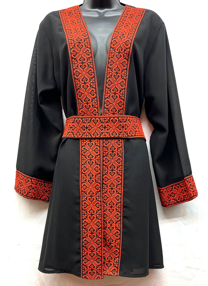 embroidered chiffon jacket machine made black with red stitching size[3]