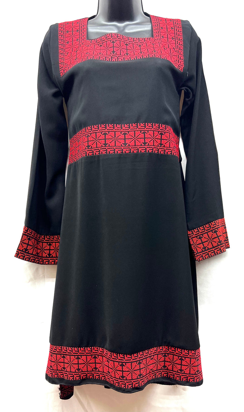 Embroidered machine made fabric dress black with red stitching size[3]