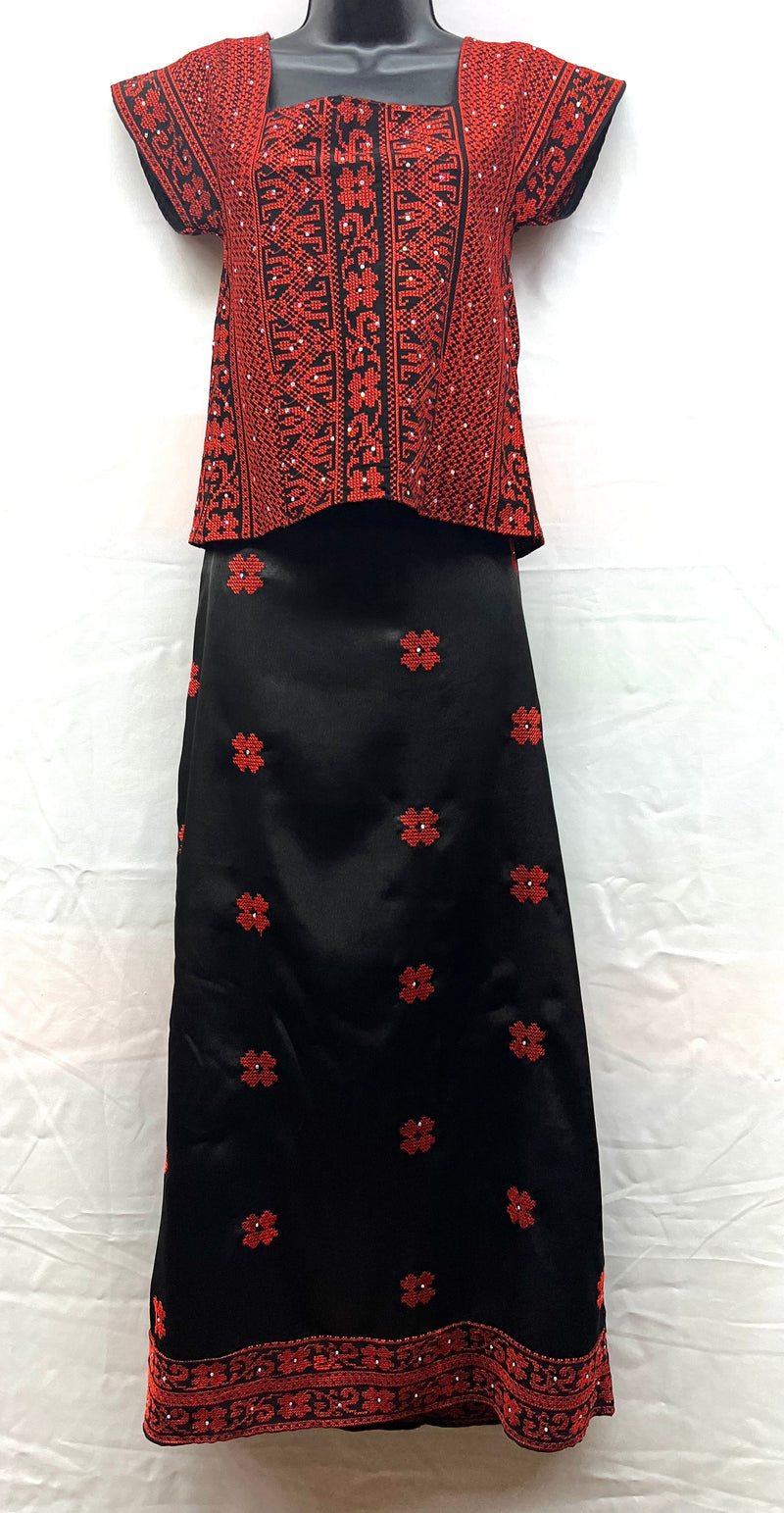 indian style 3pc embroidered dress with chiffon scarf & lace up fabric shirt & satin skirt black with red stitching & rhinestones sizes [3]