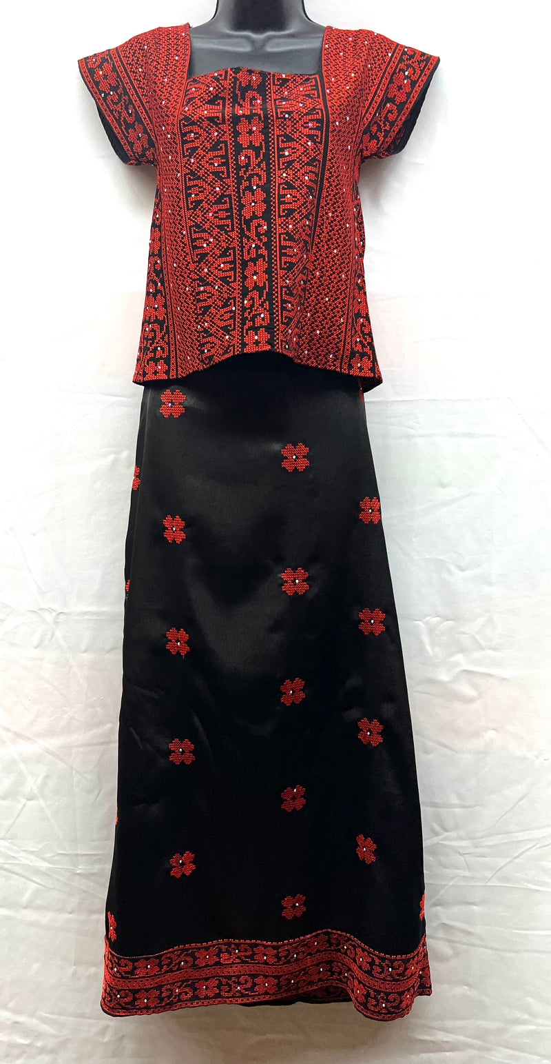 indian style 3pc embroidered dress with chiffon scarf & lace up fabric shirt & satin skirt black with red stitching & rhinestones sizes [2]