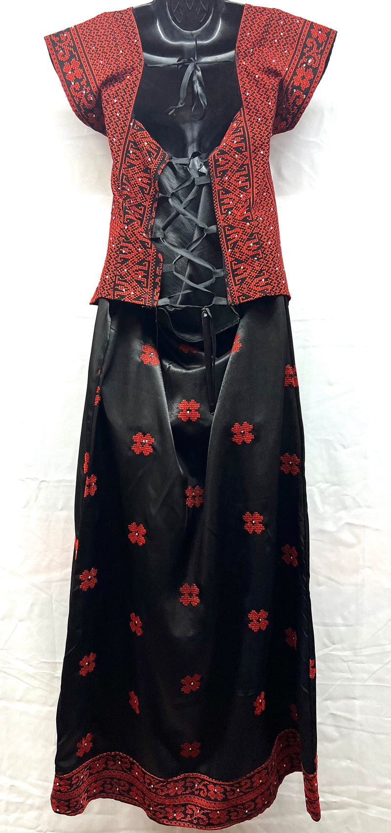 indian style 3pc embroidered dress with chiffon scarf & lace up fabric shirt & satin skirt black with red stitching & rhinestones sizes [2]