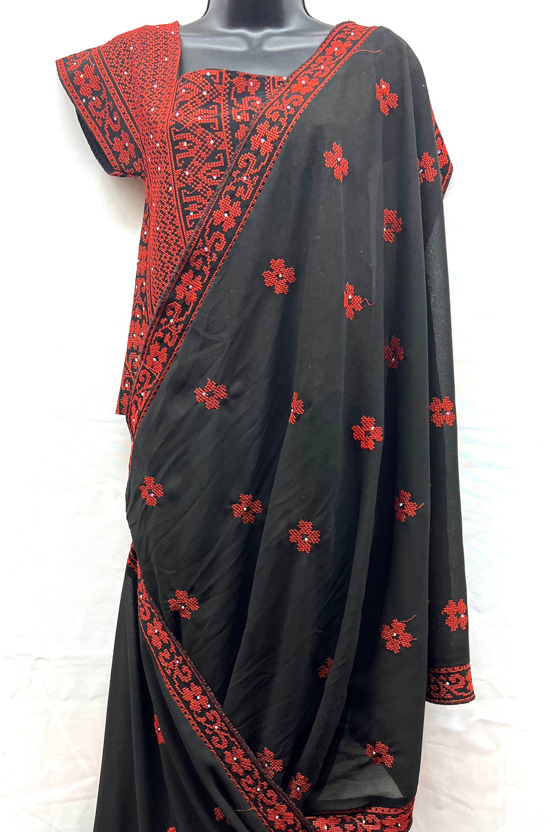 indian style 3pc embroidered dress with chiffon scarf & lace up fabric shirt & satin skirt black with red stitching & rhinestones sizes [3]