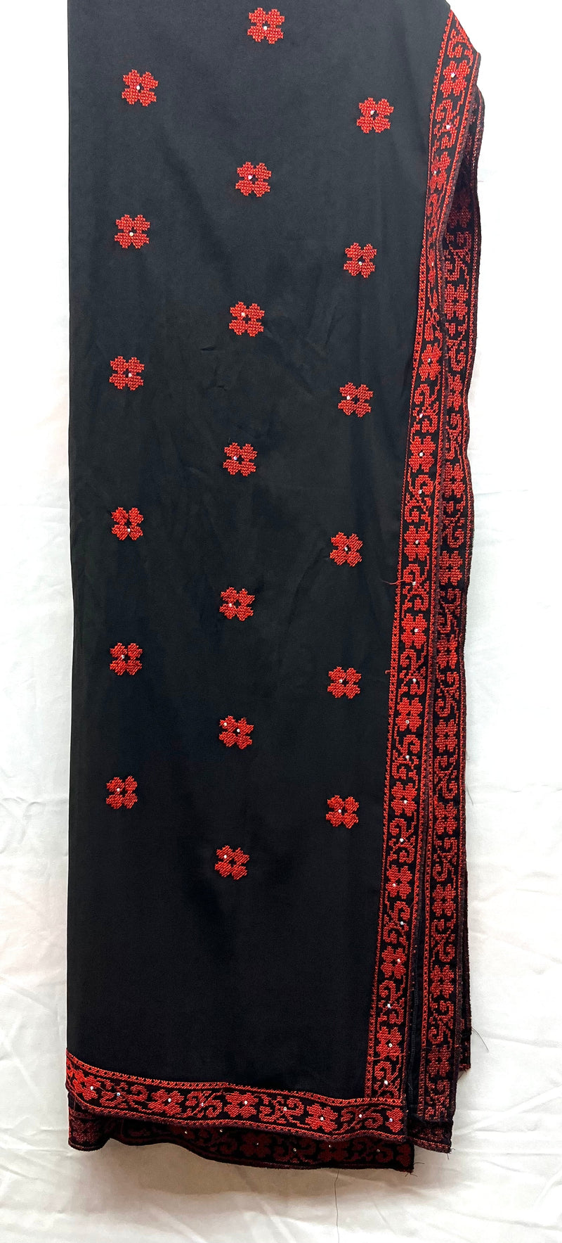 indian style 3pc embroidered dress with chiffon scarf & lace up fabric shirt & satin skirt black with red stitching & rhinestones sizes [3]