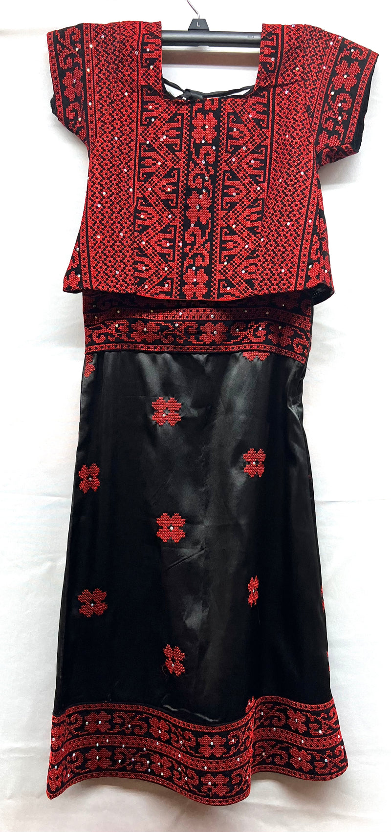 indian style 3pc embroidered girls small dress with chiffon scarf & lace up fabric shirt & satin skirt black with red stitching & rhinestones sizes [2]