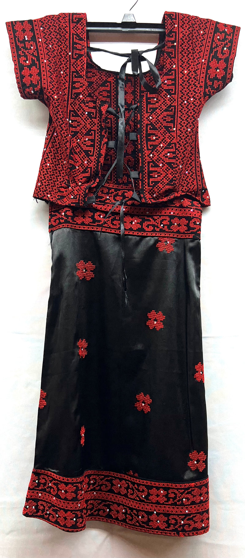 indian style 3pc embroidered girls small dress with chiffon scarf & lace up fabric shirt & satin skirt black with red stitching & rhinestones sizes [2]