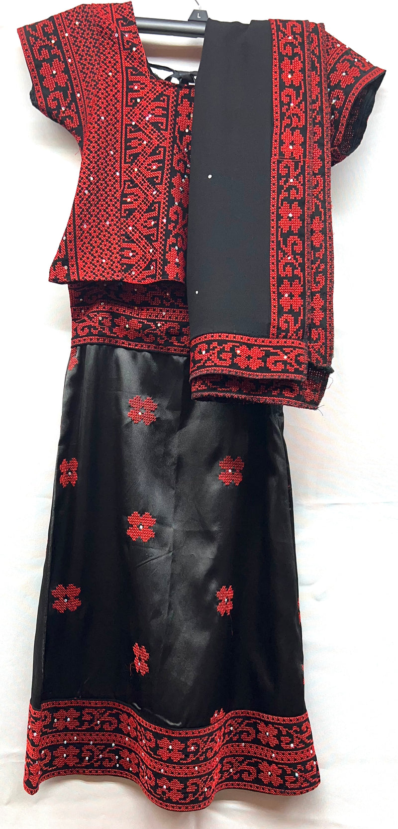 indian style 3pc embroidered girls small dress with chiffon scarf & lace up fabric shirt & satin skirt black with red stitching & rhinestones sizes [2]